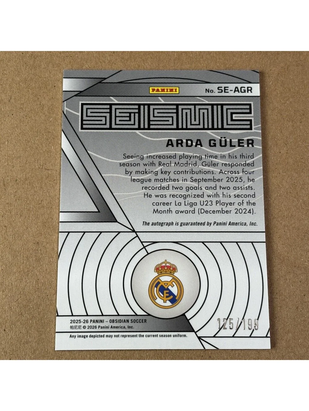 2025-26 Panini Obsidian Soccer Arda Guler #SE-AGR Seismic #/199 Real Madrid